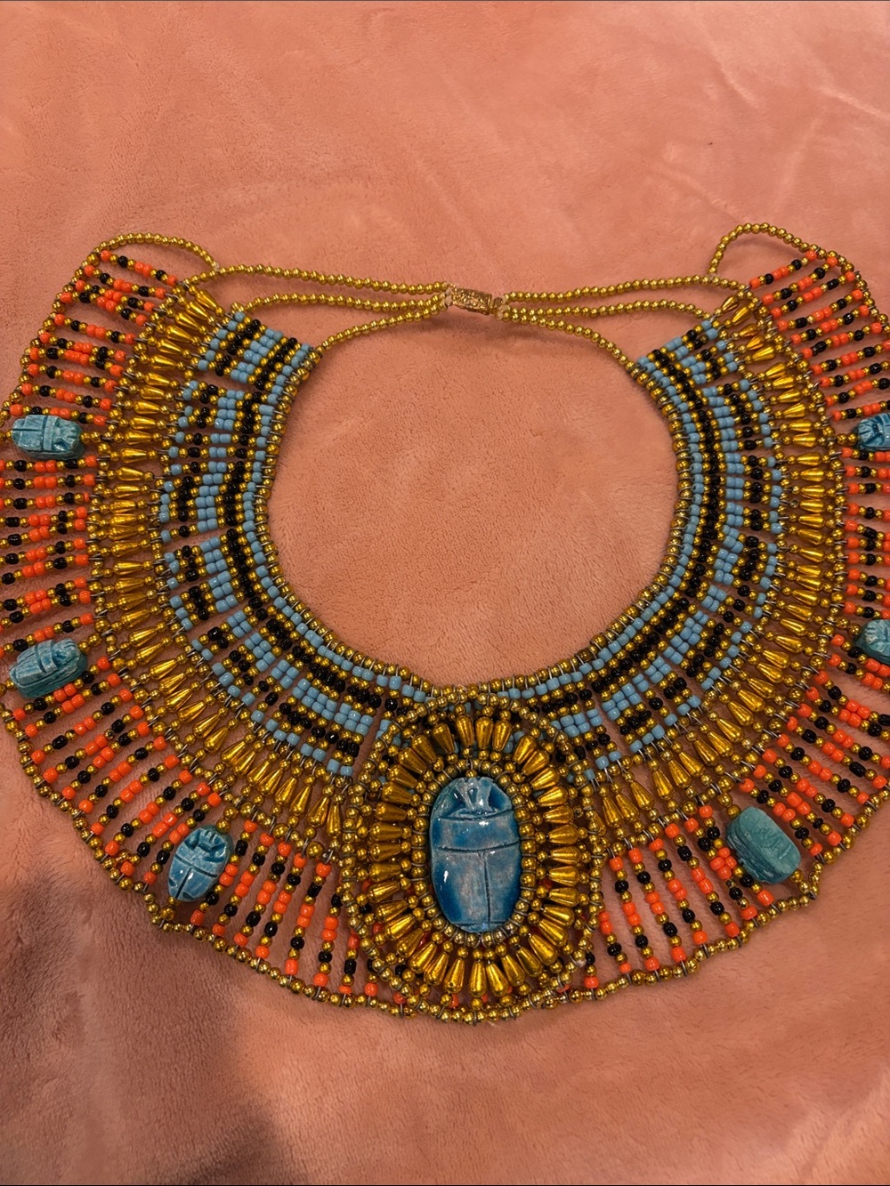 Handcrafted Beaded Collar Necklace - Gold, Turquoise & Coral Accents
